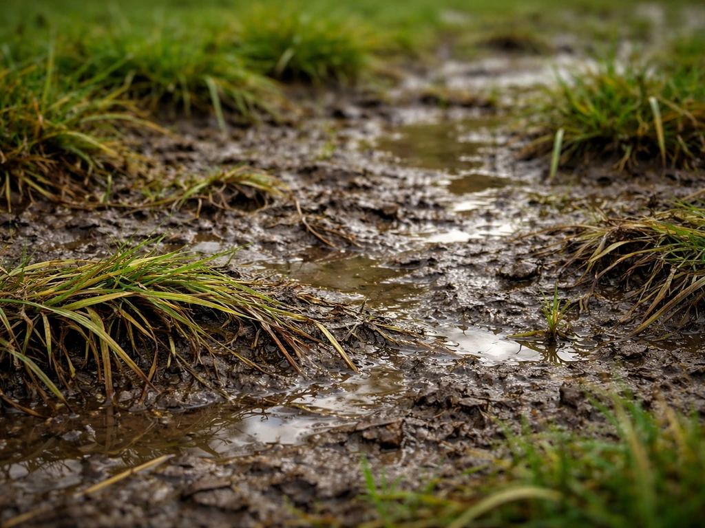 Sol de pelouse détrempé et racines visibles, herbe jaunie après des pluies prolongées.