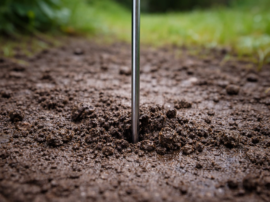 Un tournevis et une tige métallique plantés dans la terre humide, montrant la pénétration dans le sol.