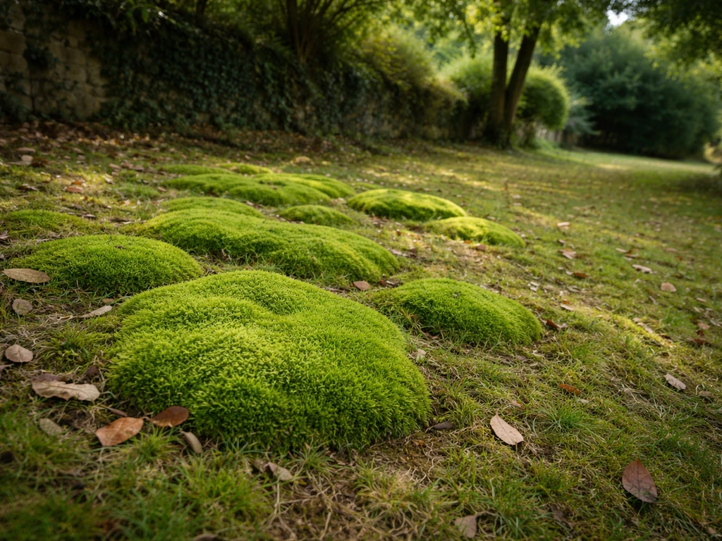 Pelouse en France avec plaques de mousse visibles, zones ombragées près d’arbres et mur, vue d’ensemble.