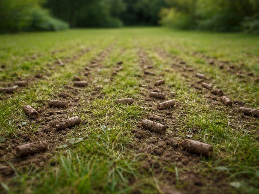 Pelouse après aération profonde : carottes de sol retirées et sols décompactés, ambiance jardin.