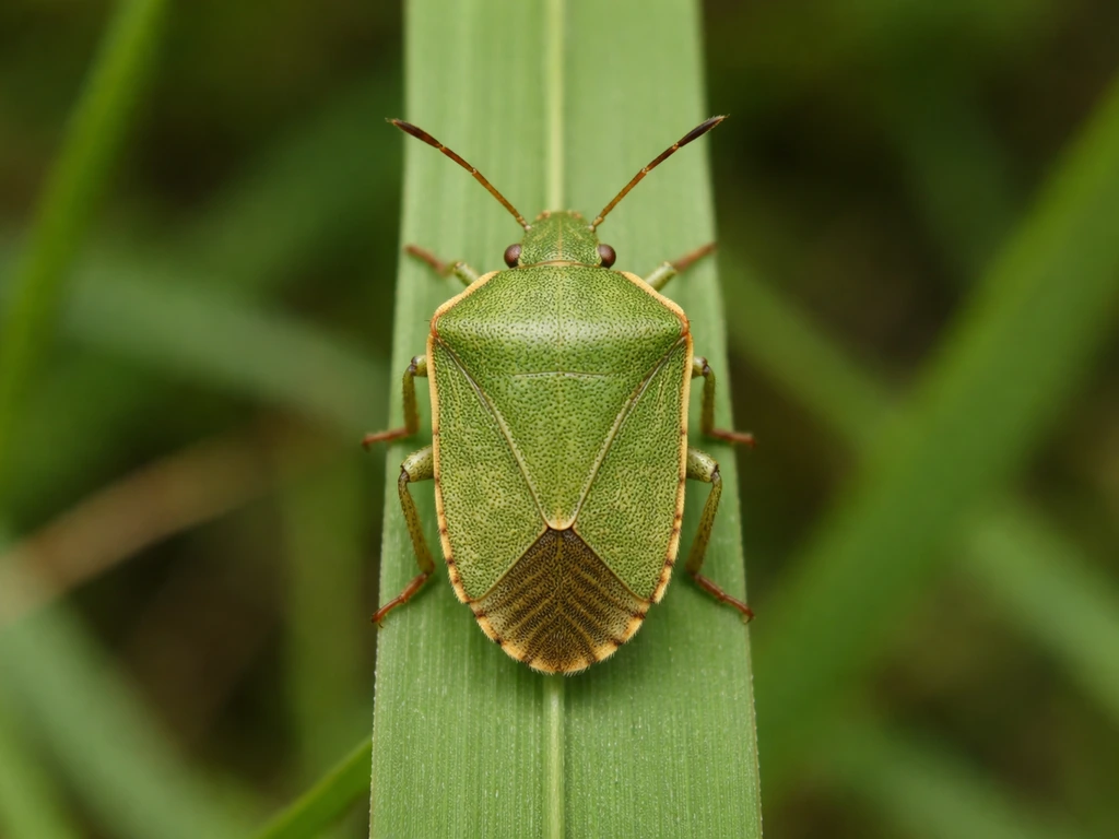 Punaise de gazon nette vue de dessus sur une feuille d’herbe, détails du thorax et de la forme visibles.