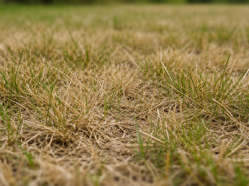 Gros plan d’une pelouse jaunie par plaques diffuses, brins d’herbe desséchés, sans racines arrachées.