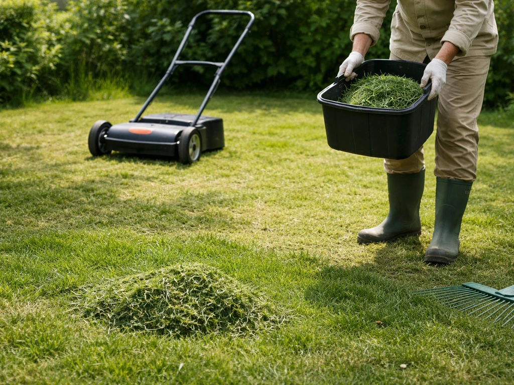 Jardinier tondant et ramassant des résidus de tonte près d’une parcelle, pour limiter les cachettes de punaises.