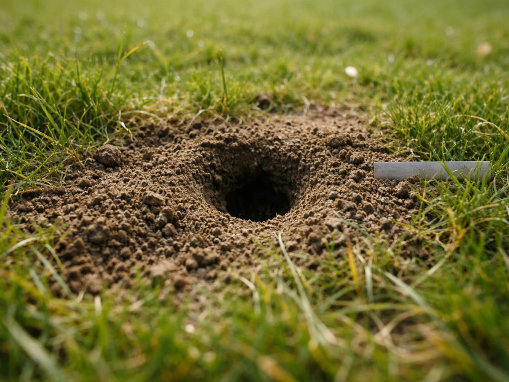 Petit trou de mulot dans le gazon, terre soulevée, vue rapprochée avec repère de mesure discret