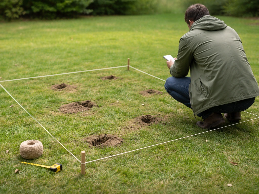 Jardin sécurisé par ficelle et jalons autour de trous de mulots, personne inspectant et cartographiant.