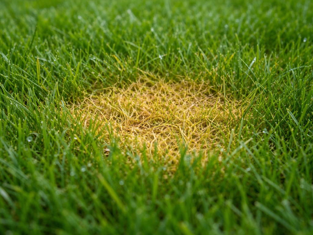 Gazon vert avec gouttes d’urine stylisées et une zone brunie, gros plan montrant une brûlure locale