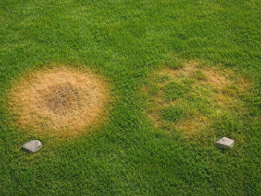 Pelouse avec deux taches côte à côte : l’une brunie comme l’urine, l’autre jaunissement dû à une autre cause.
