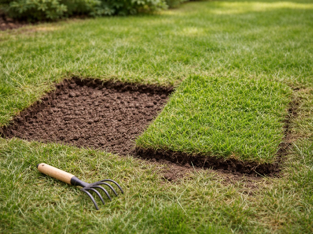 Jardinier anonyme retirant la zone morte d’une pelouse, puis pose d’une nouvelle plaque d’herbe