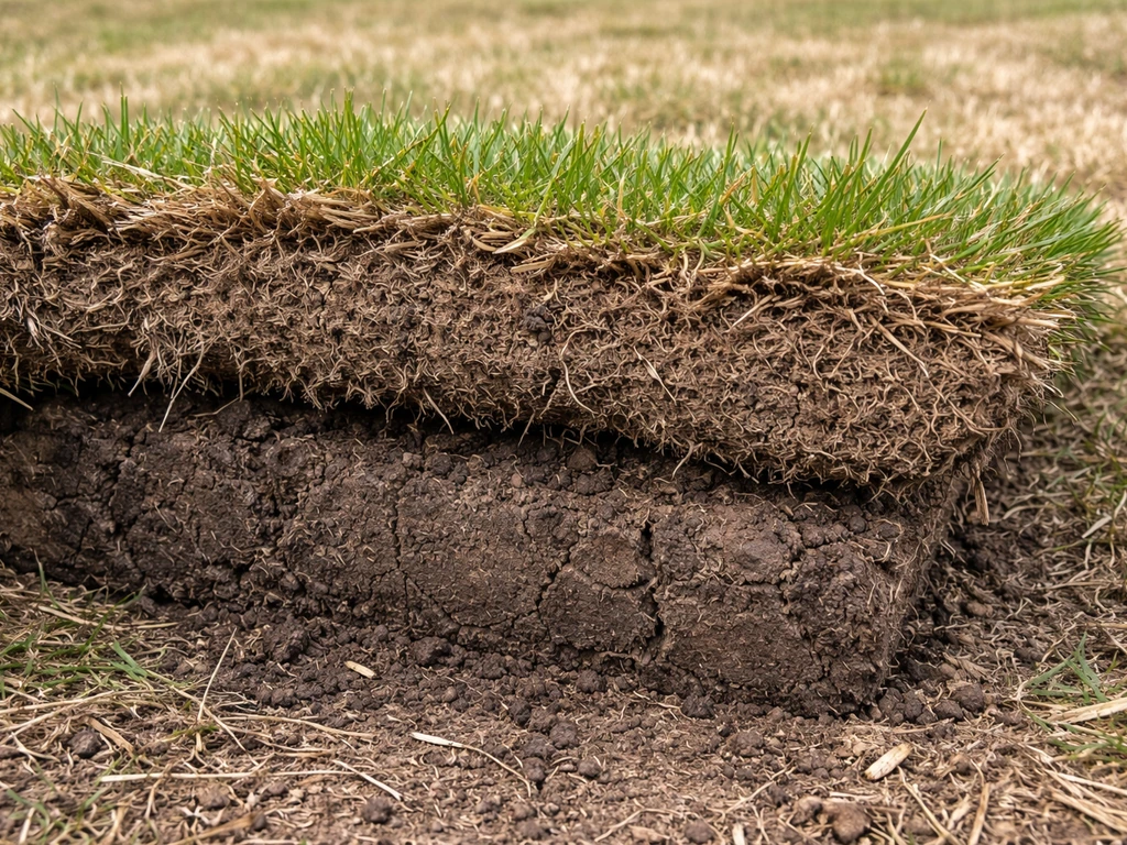 Section de gazon soulevée montrant un feutre épais et un sol compacté peu perméable.