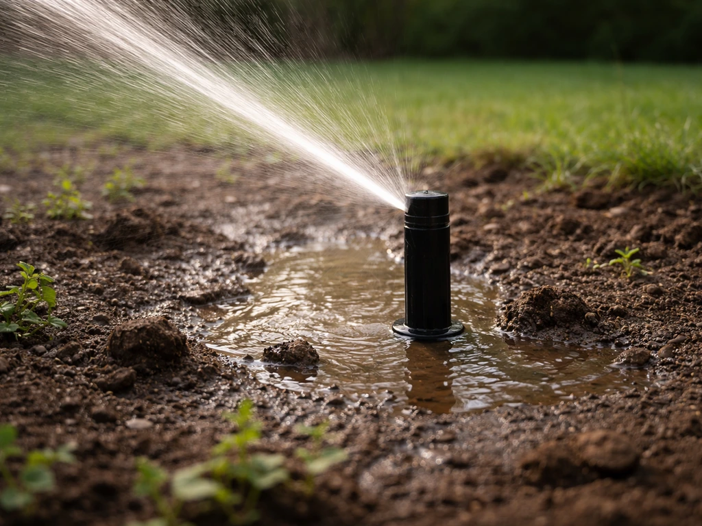 Arroseur en action dans un jardin, jet d’eau tombant sur une terre humide indiquant un arrosage en profondeur.