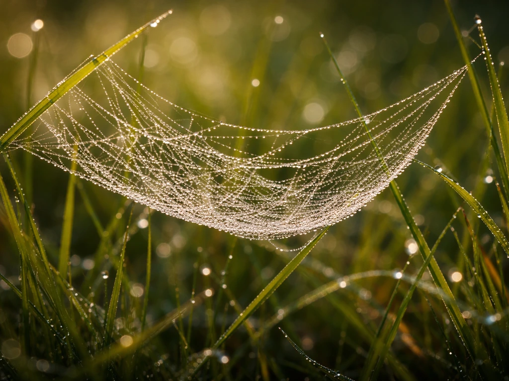 Gros plan d’une toile d’araignée sur des brins d’herbe de gazon couverts de rosée, lumière rasante.