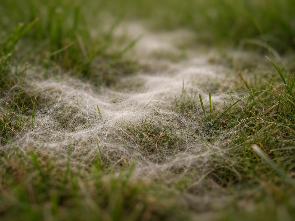 Gros plan d’un voile fongique duveté sur un gazon, filaments blancs/grisâtres diffus et sans motif.