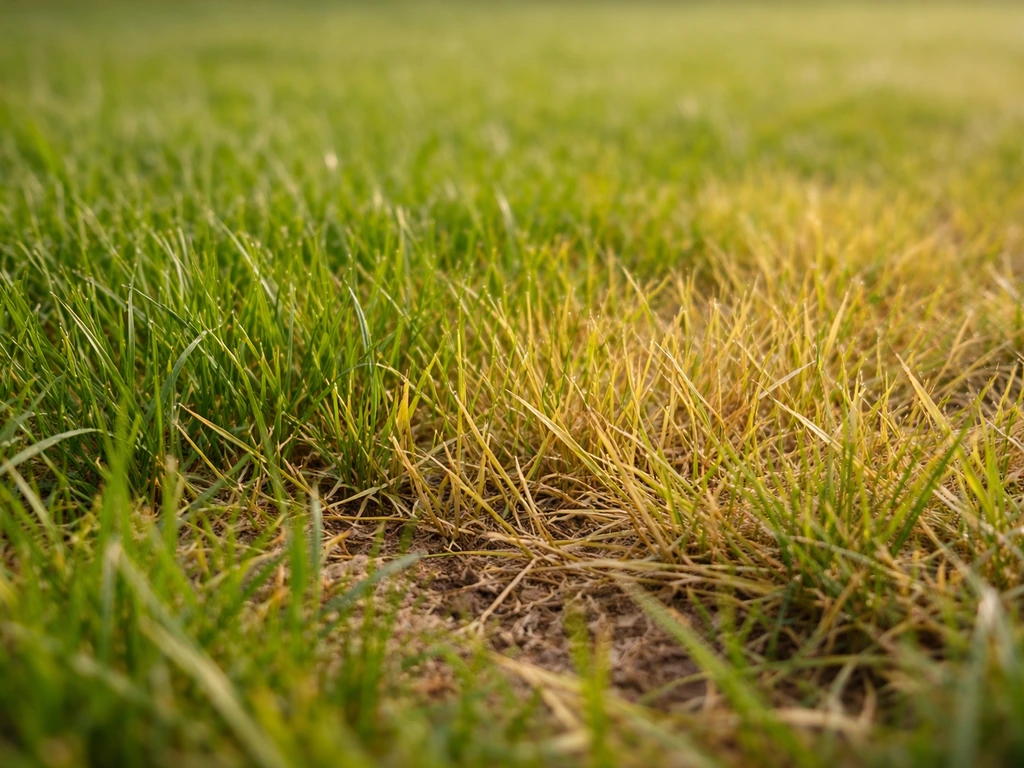 Gazon partiellement jauni, texture d’herbe visible avec zones vertes et jaunes pour illustrer le diagnostic.