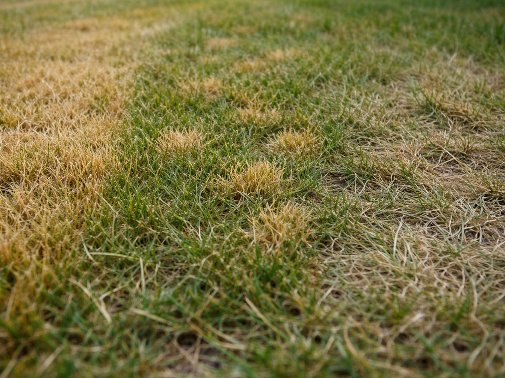 Gazon jauni en trois zones distinctes : taches localisées, jaunissement uniforme et herbe clairsemée, brins couchés