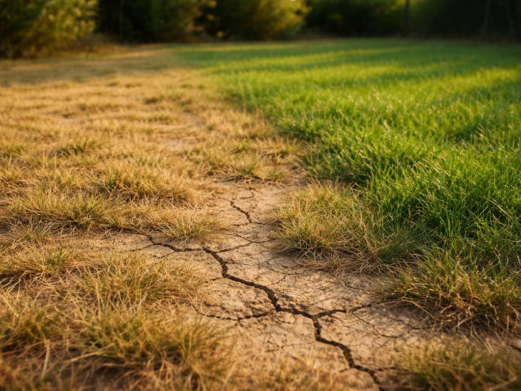 Gazon jaunissant en sécheresse avec sol fissuré, contrastant avec une petite zone bien arrosée plus verte.