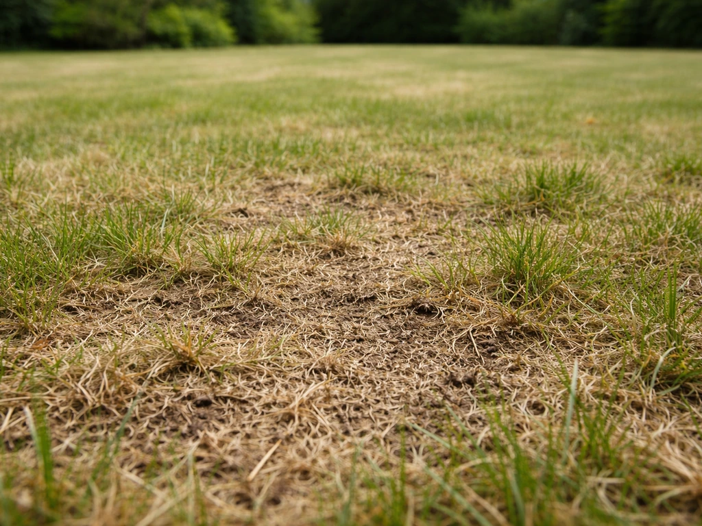 Pelouse après tonte trop ras : sol brun visible, feutrage et débris organiques entre les brins