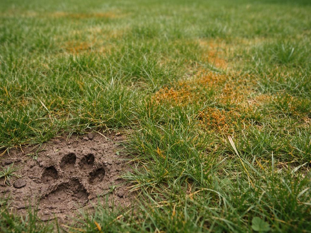 Pelouse avec plaques rouille orange-brun et empreinte de chien au premier plan, jardin calme et naturel.