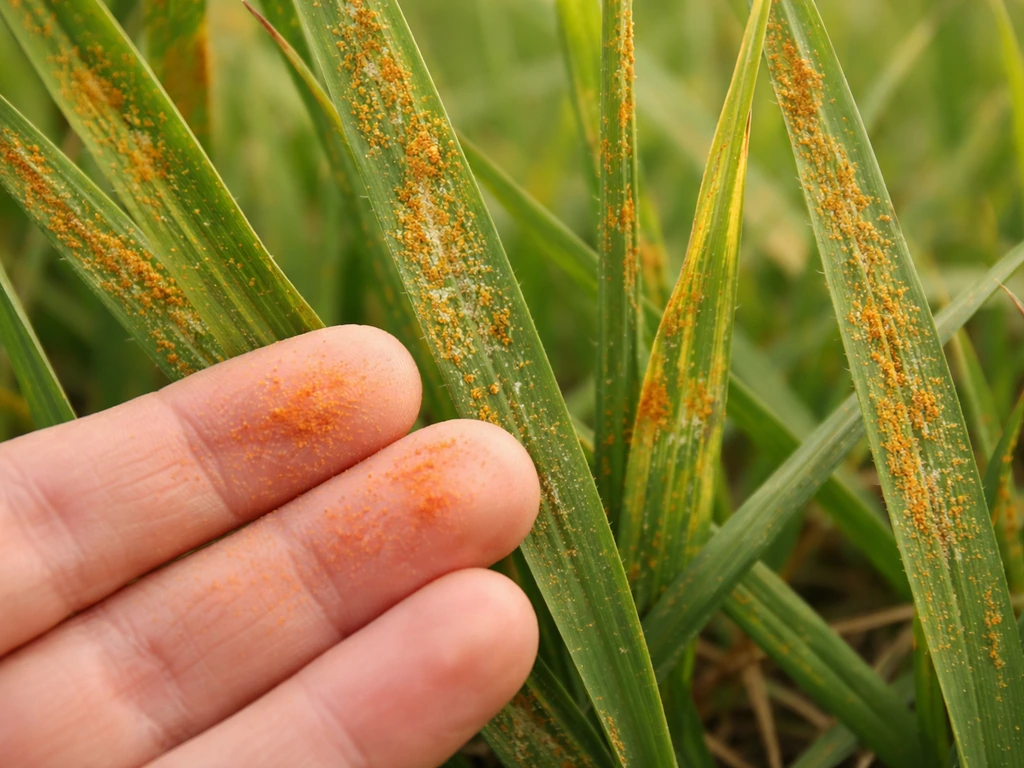 Gros plan sur des feuilles de gazon avec pustules orange-brun, et une main qui montre des traces poudreuses.
