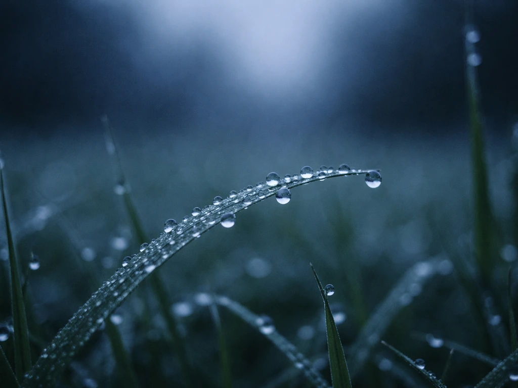 Gouttes de rosée sur l’herbe, ambiance froide de nuit, suggérant une humidité prolongée.