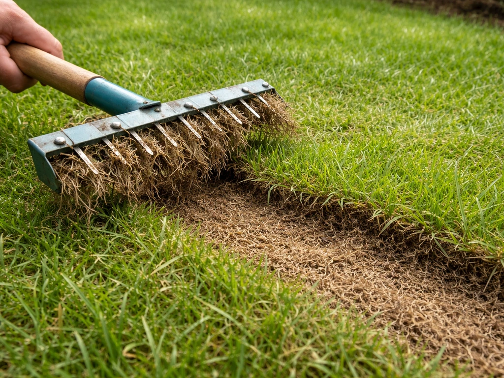 Jardin avec un outil de scarification, laissant apparaître une couche de feutre épaisse à retirer