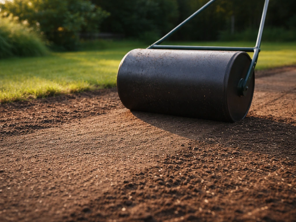 Roulage d’une pelouse nouvellement ensemencée : un rouleau de jardin compacte et plaque les graines au sol.