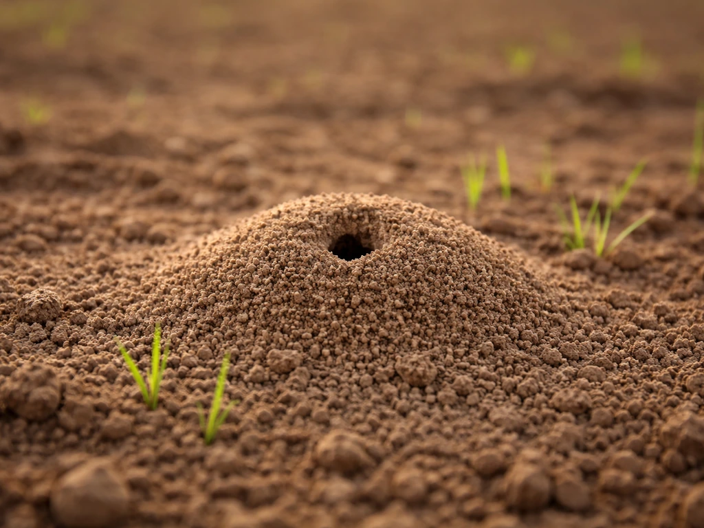 Petit monticule de fourmilière avec un trou central sur un sol fraîchement ensemencé, zone de traitement à proximité.