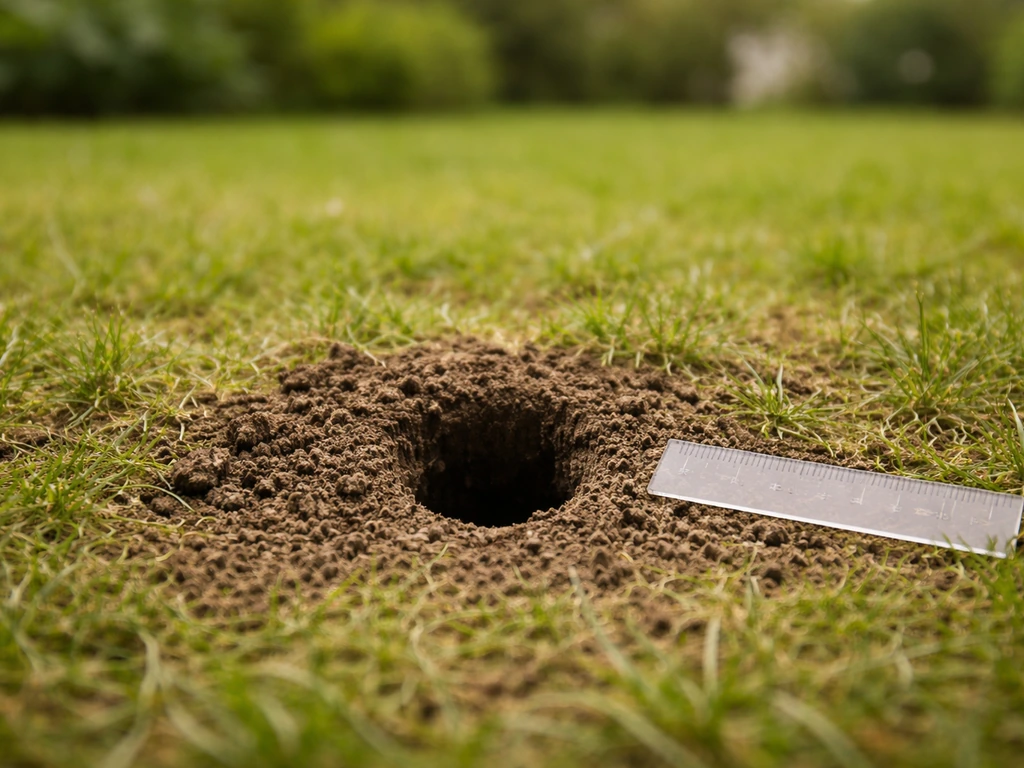 Gros plan d’un petit trou dans l’herbe avec repère de taille, montrant terre rejetée ou bord propre.