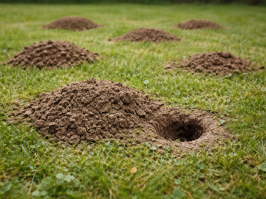 Pelouse avec tumulus de terre et petit cratère typique d’un campagnol terrestre, vue oblique.