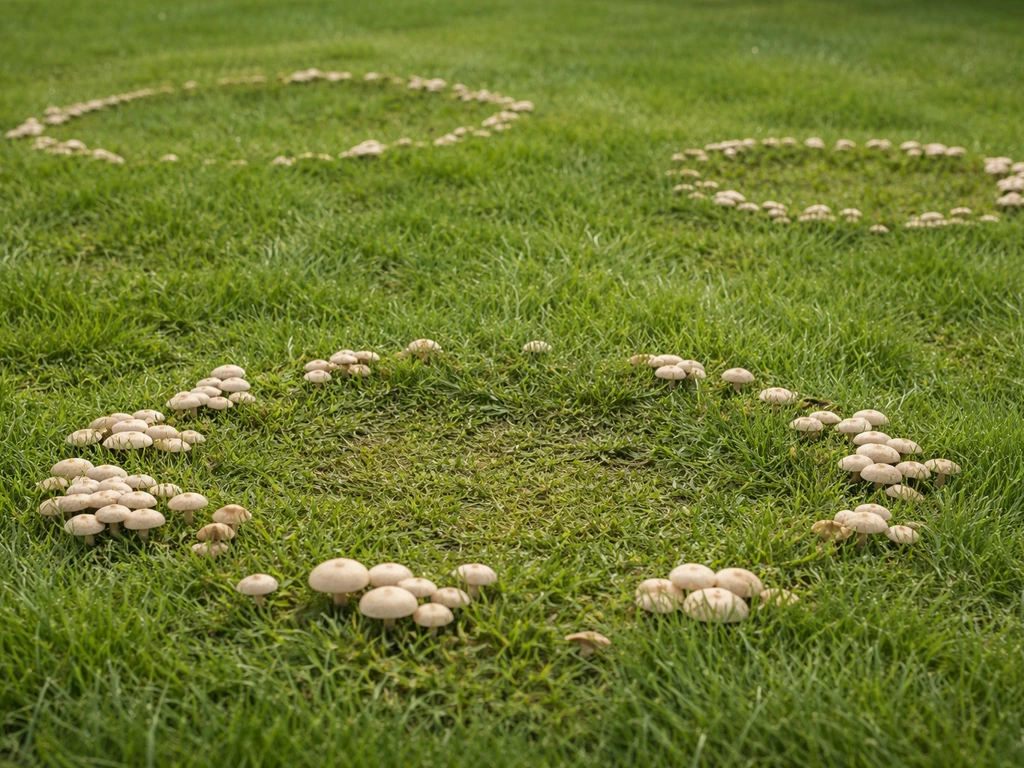 Gros plan de gazon avec plusieurs petites plaques et anneaux de champignons visibles, sol sombre et brins froissés.