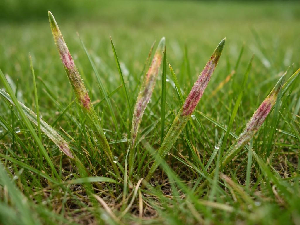 Gazon au ras du sol avec brins d’herbe présentant des taches allongées blanchâtre à brun, légère teinte rouge/rosée.