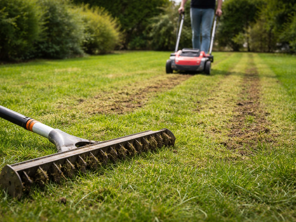 Gazon après scarification légère : outil visible au premier plan, herbe aérée, sol légèrement mis à nu.