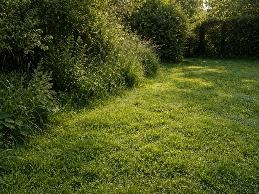 Vue d’une pelouse de jardin bordée de végétation dense, avec herbes hautes et zones ombragées à risque de tiques.