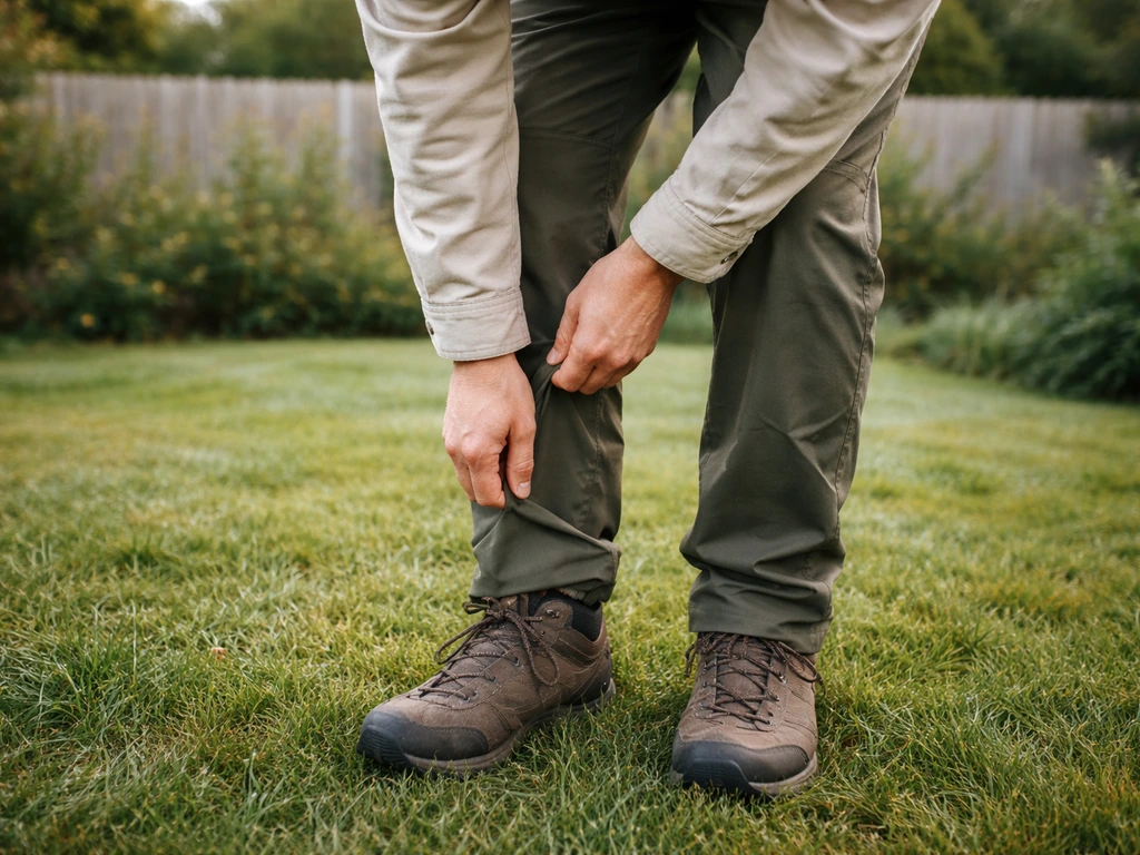 Personne en tenue couvrante avec chaussures fermées près d’un jardin, geste de prévention contre la peau exposée.