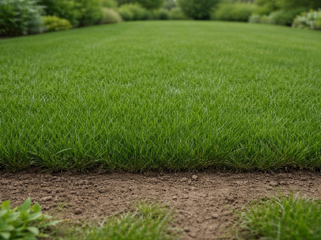 Pelouse dense et vert profond après resemis, bordures dégagées et sol préparé, vue au niveau du regard.