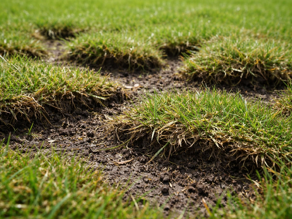 Gros plan de plaques de gazon fauchées et mates, laissant voir des touffes abîmées après des vers gris