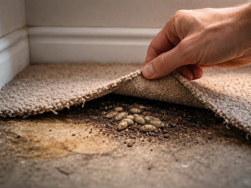 Inspection d’une zone jaunie au matin : une main soulève un tapis et montre des larves dans le sol.
