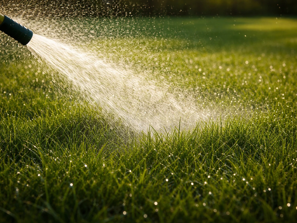 Pelouse arrosée abondamment : herbe brillante et sombre, gouttes visibles après arrosage en fin d’après-midi.