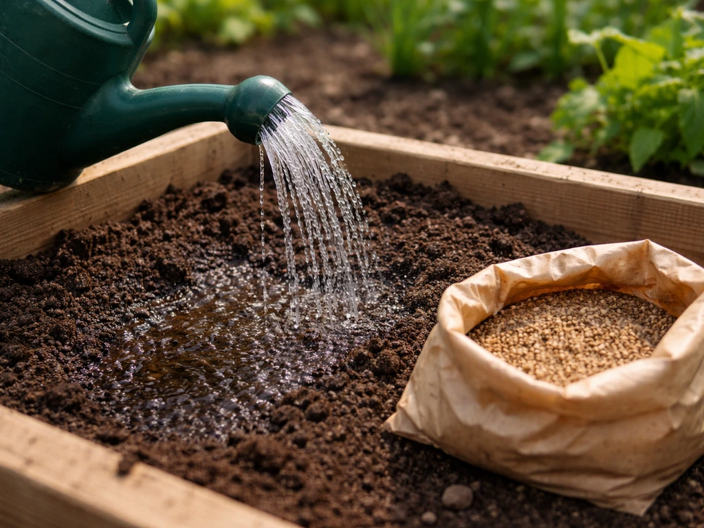 Arrosoir versant l’eau sur un bac de terre avec un sachet de nématodes non identifiable à côté.