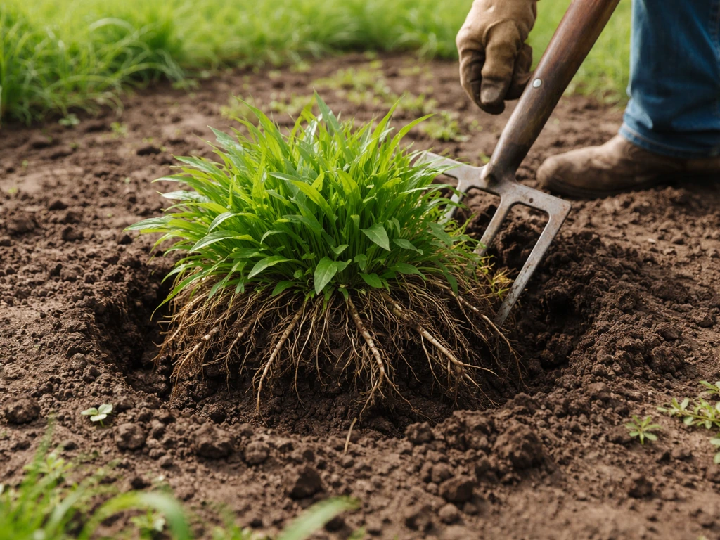 Jardinier utilisant une fourche-bêche pour extraire des touffes de plante, rhizomes soulevés dans la terre humide.