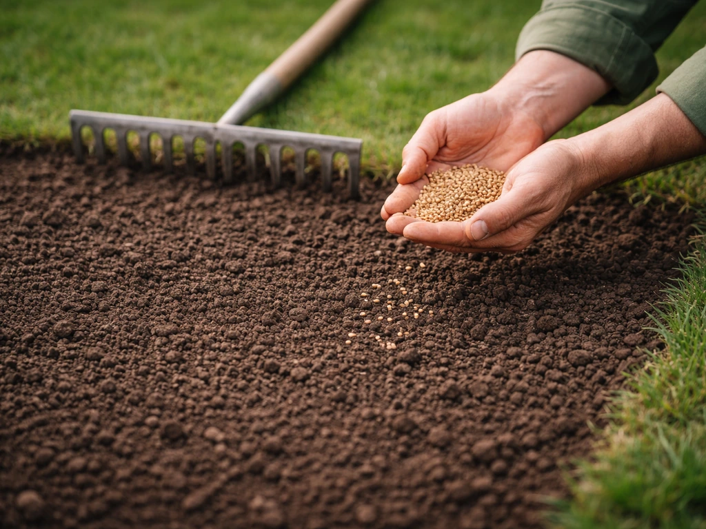 Sol ratissé et meuble après arrachage, graines en train d’être semées sur une zone du jardin.