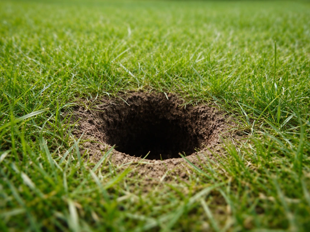 Gros plan d’un trou dans le gazon, bords nets et texture de l’herbe autour.