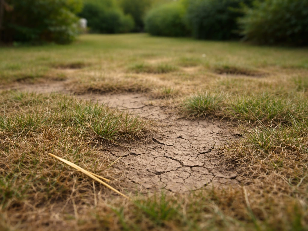 Pelouse d’été brunie et clairsemée, terre craquelée ressemblant à des trous superficiels après manque d’eau.