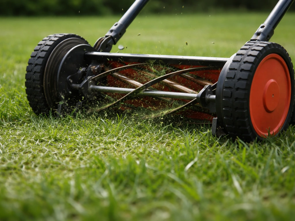 Lame de tondeuse coupant l’herbe, rognures courtes projetées au sol, en lumière naturelle
