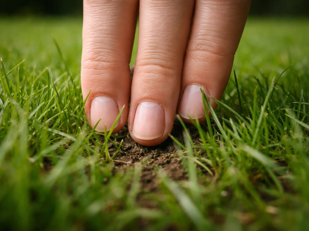 Deux doigts glissent entre des brins d’herbe jusqu’au sol, montrant clairement le test de main.