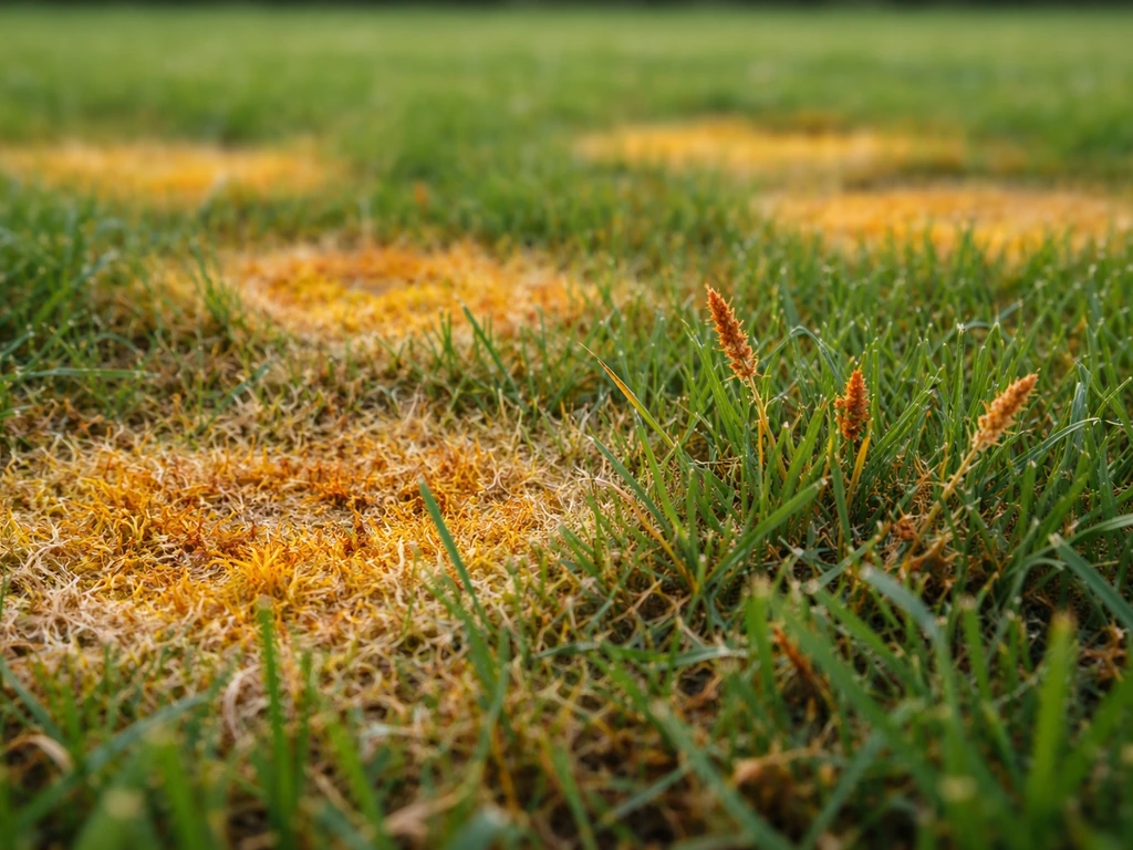 Gazon vu de près avec taches circulaires jaunâtres/orangées et zones poudreuses évoquant une maladie fongique