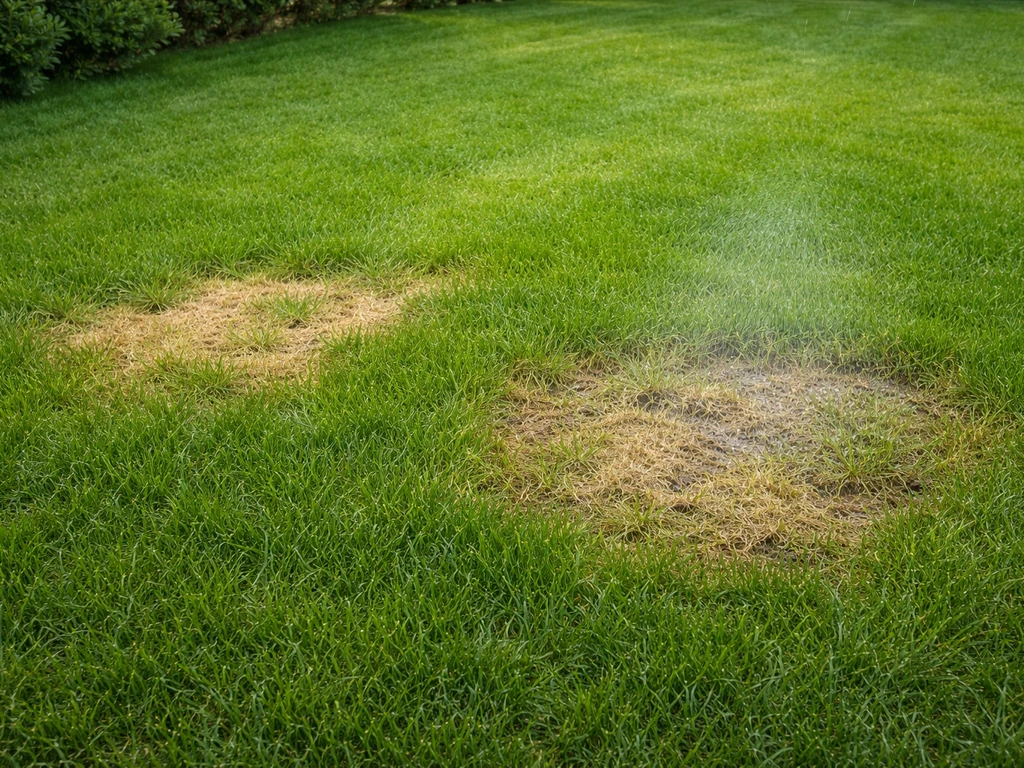 Pelouse de jardin française avec zones abîmées de vers blancs, traitements par nématodes suggérés par arrosage