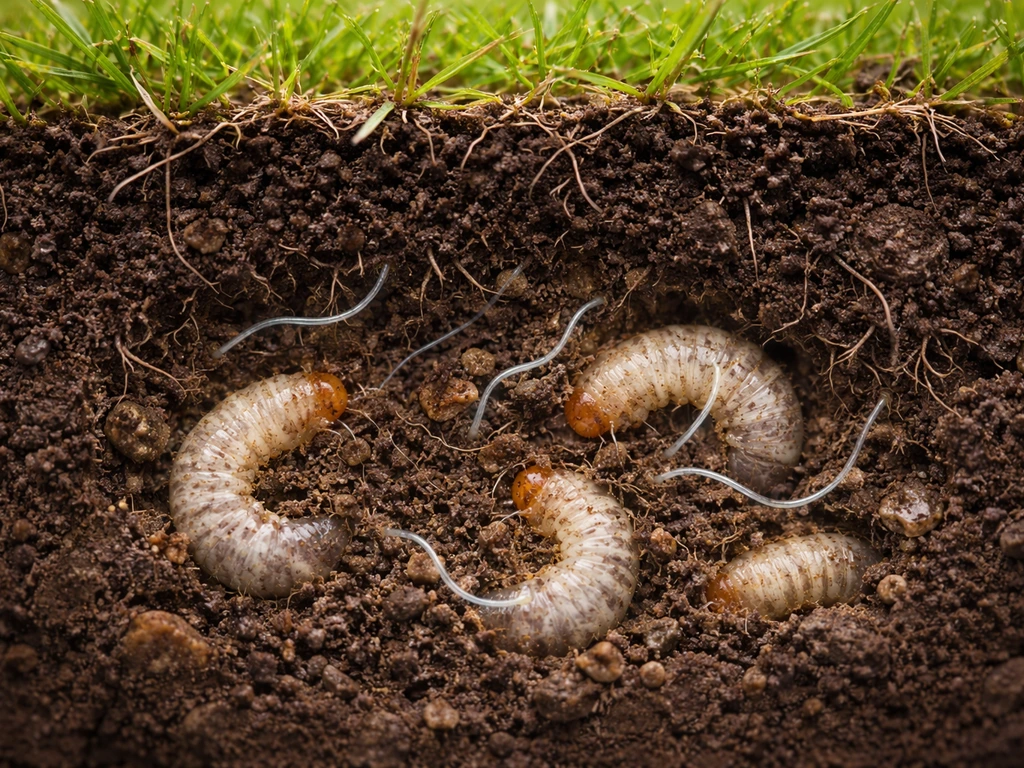 Coupe de terre de pelouse montrant des nématodes microscopiques et des larves de vers blancs parasitées