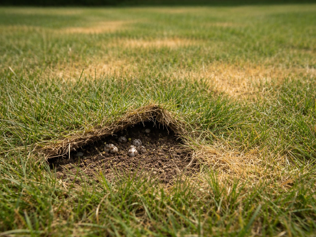 Gazon avec taches jaunâtres irrégulières et zone légèrement soulevée près du sol, vue rapprochée