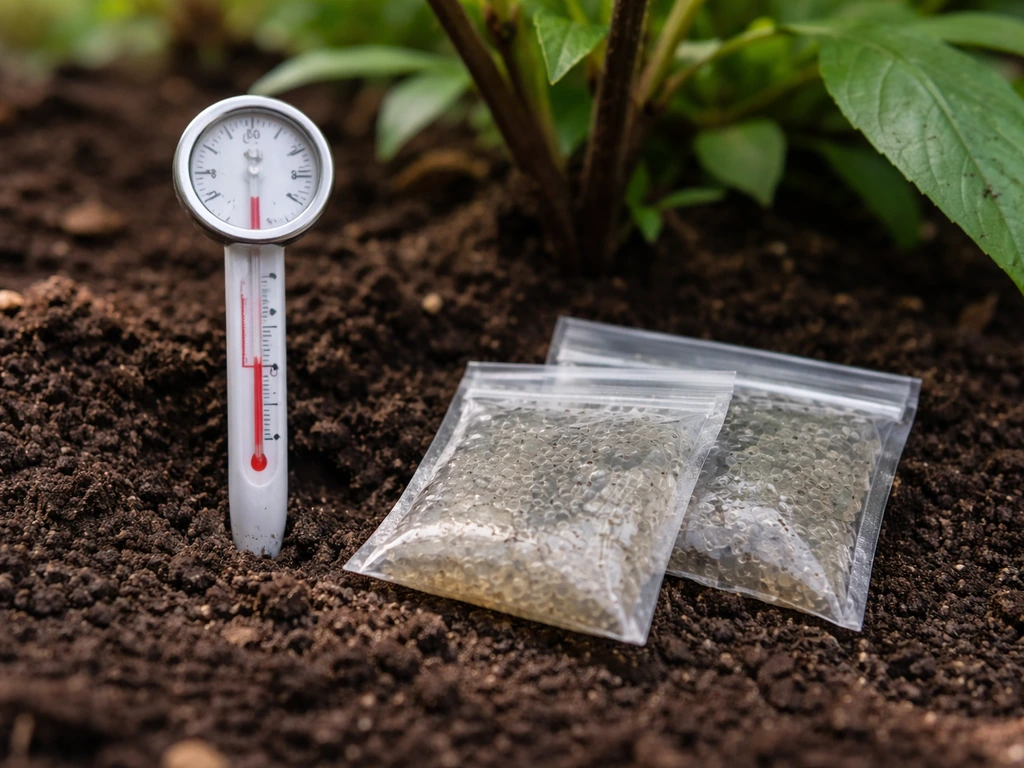 Thermomètre de jardin près du sol à ~12 °C avec un substrat évoquant des nématodes entomopathogènes.