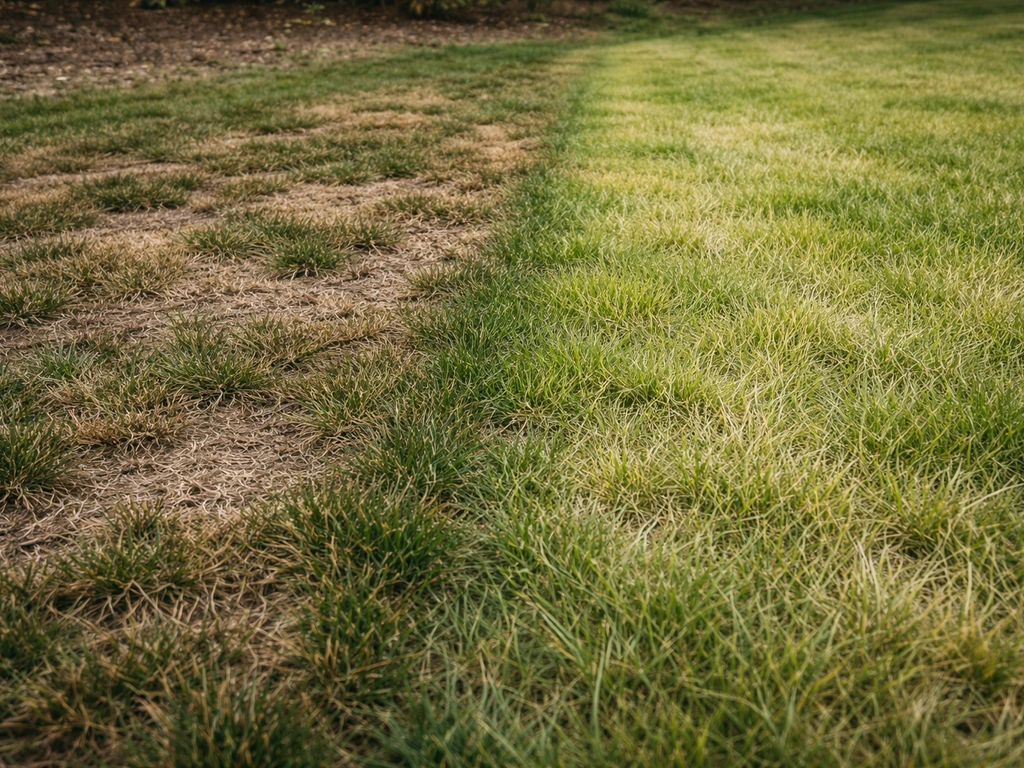 Pelouse avec deux zones distinctes : taches brunes nettes à gauche et jaunissement léger à droite.